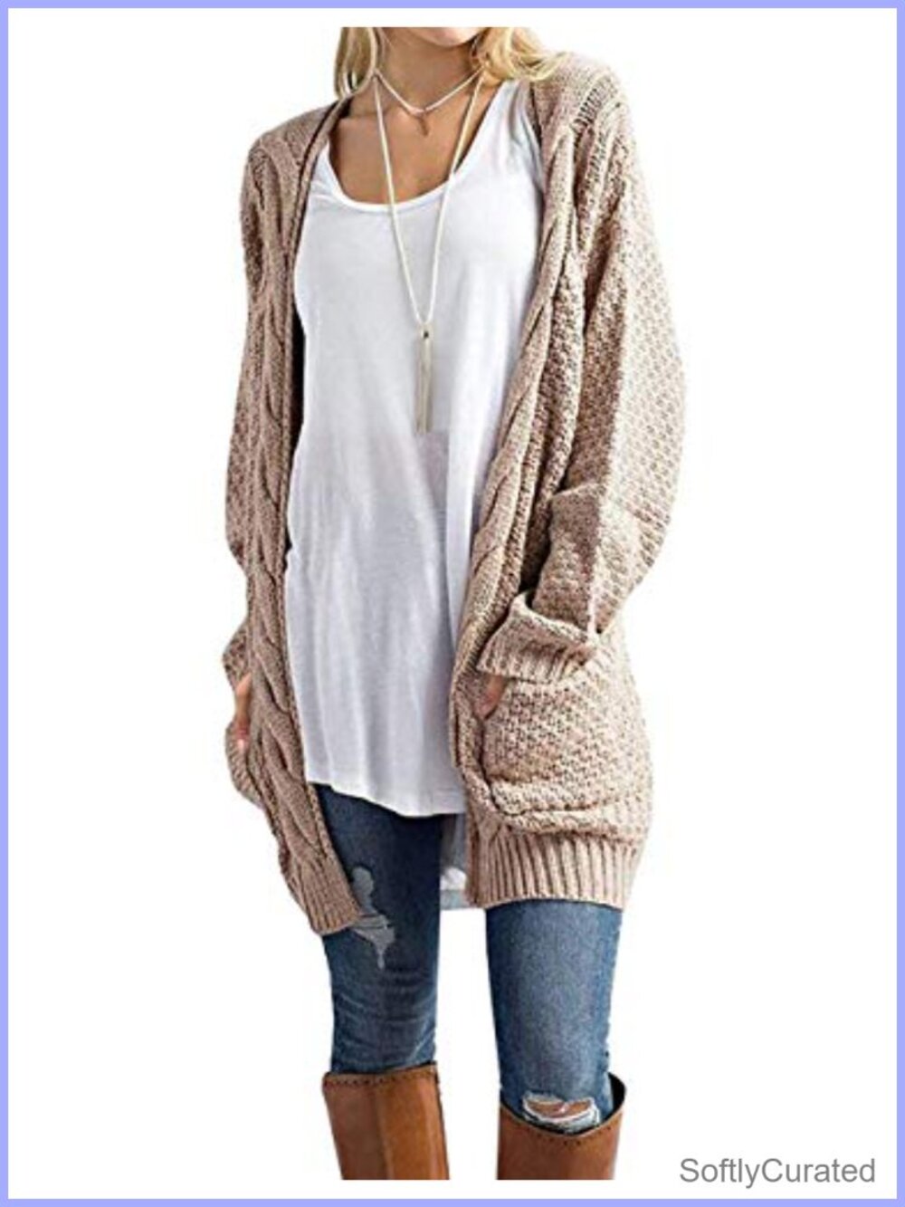 Cable Knit Open Front Cardigan Sweater with Pockets Long Sleeve Loose Fit